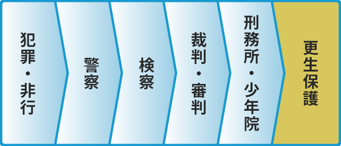 1.犯罪・非行
2.警察
3.検察
4.裁判・審判
5.刑務所・少年院
6.更生保護